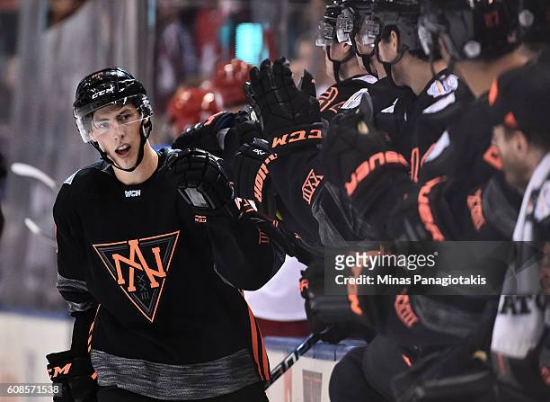 Ryan Nugent-Hopkins of Team North America high fives the bench after scoring a third period goal on Team Russia during the World Cup of Hockey 2016...