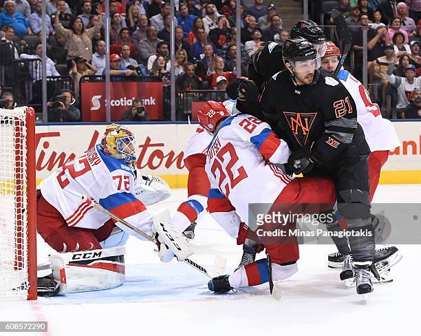 Vincent Trocheck of Team North America collides with Nikita Zaitsev in front of Sergei Bobrovsky during the World Cup of Hockey 2016 at Air Canada...