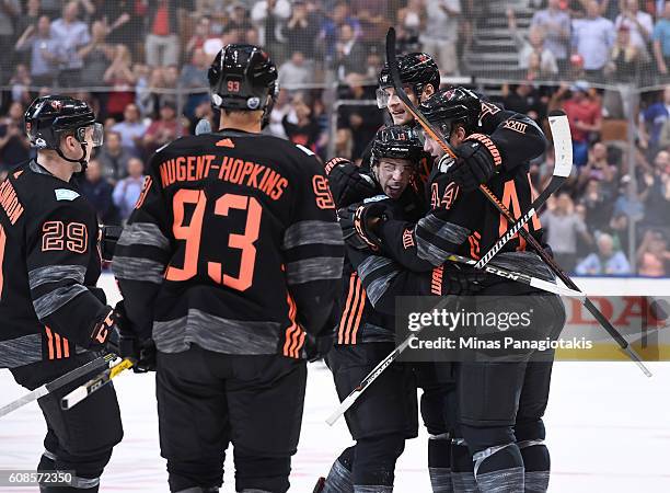 Team North America celebrate after a second period goal on Team Russia during the World Cup of Hockey 2016 at Air Canada Centre on September 19, 2016...