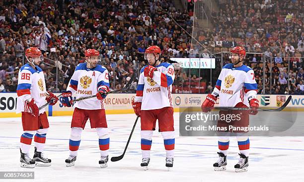 Nikita Kucherov, Pavel Datsyuk, Vladimir Tarasenko and Andrei Markov of Team Russia talk between whistles during the World Cup of Hockey 2016 at Air...