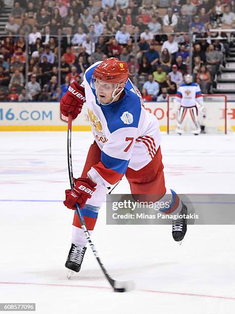 Dmitry Kulikov of Team Russia fires a slapshot during the World Cup of Hockey 2016 at Air Canada Centre on September 19, 2016 in Toronto, Ontario,...