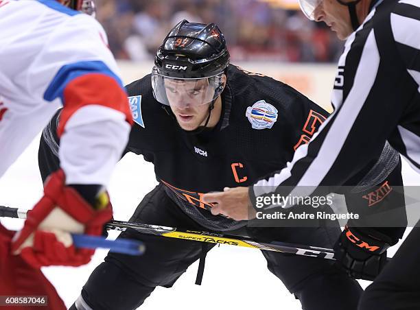 Connor McDavid of Team North America prepares for a face-off against Team Russia during the World Cup of Hockey 2016 at Air Canada Centre on...