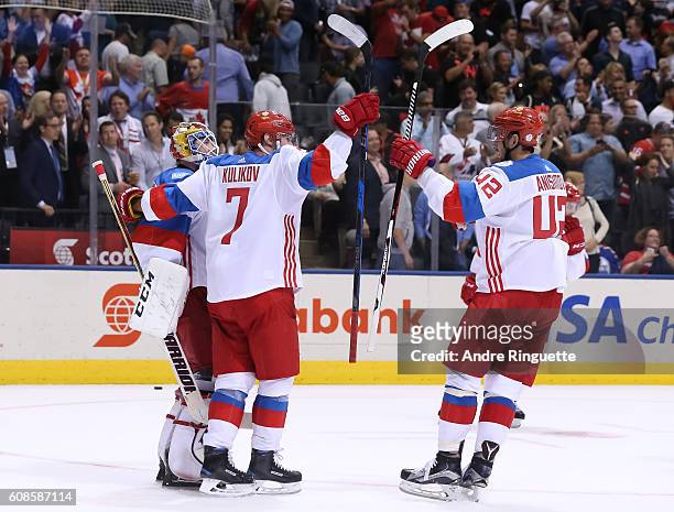 Sergei Bobrovsky, Dmitry Kulikov and Artem Anisimov of Team Russia celebrate after a 4-3 win over Team North America during the World Cup of Hockey...
