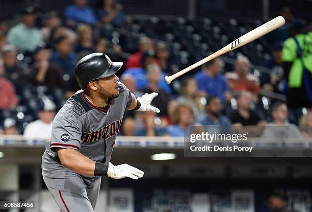 Yasmany Tomas of the Arizona Diamondbacks hits a single during the fourth inning of a baseball game against the San Diego Padres at PETCO Park on...