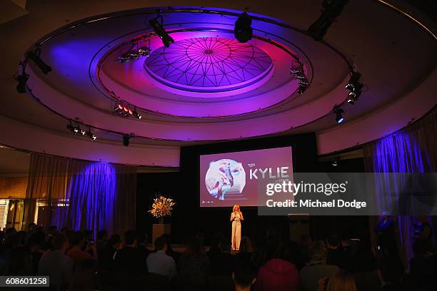 Kylie Minogue speaks during the opening of the Kylie on Stage Exhibition at Melbourne Arts Centre on September 20, 2016 in Melbourne, Australia.