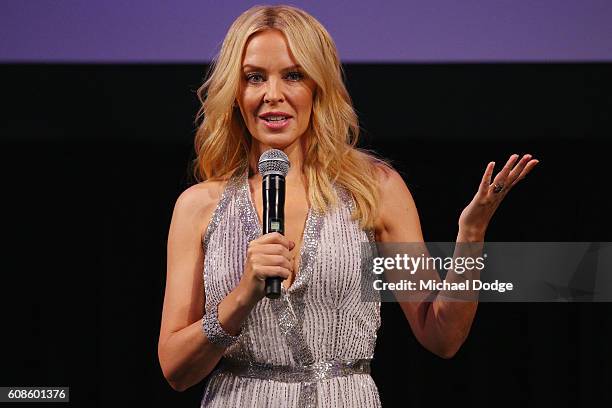 Kylie Minogue speaks during the opening of the Kylie on Stage Exhibition at Melbourne Arts Centre on September 20, 2016 in Melbourne, Australia.