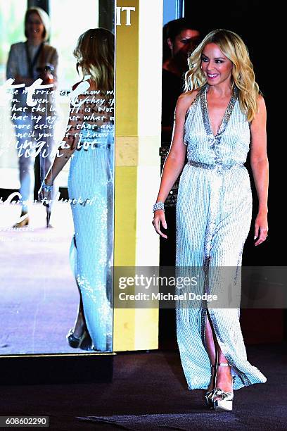 Kylie Minogue arrives during the opening of the Kylie on Stage Exhibition at Melbourne Arts Centre on September 20, 2016 in Melbourne, Australia.