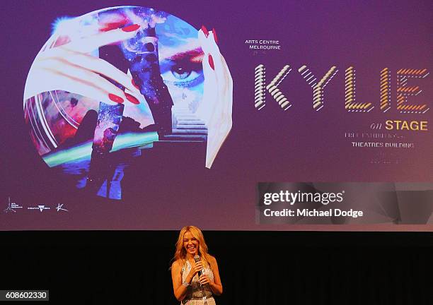 Kylie Minogue speaks during the opening of the Kylie on Stage Exhibition at Melbourne Arts Centre on September 20, 2016 in Melbourne, Australia.