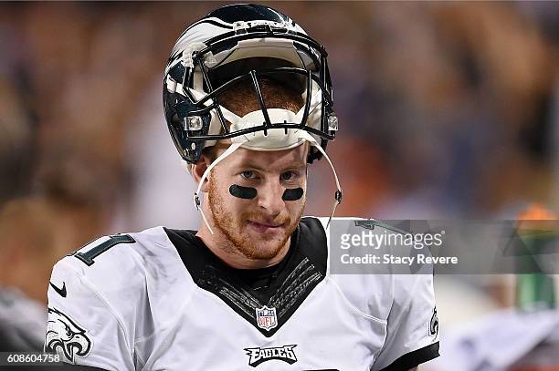 Carson Wentz of the Philadelphia Eagles watches action during a game against the Chicago Bears at Soldier Field on September 19, 2016 in Chicago,...