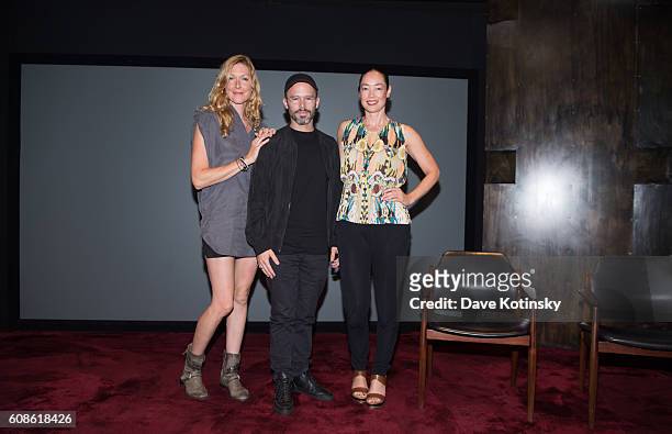 Film Director Megan Raney Erins, Artist Daniel Arsham and Cecilia Dean attends the Daniel Arsham "Colorblind Artist: In Full Color" at Spring Place...