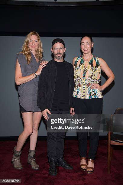 Film Director Megan Raney Erins, Artist Daniel Arsham and Cecilia Dean attends the Daniel Arsham "Colorblind Artist: In Full Color" at Spring Place...