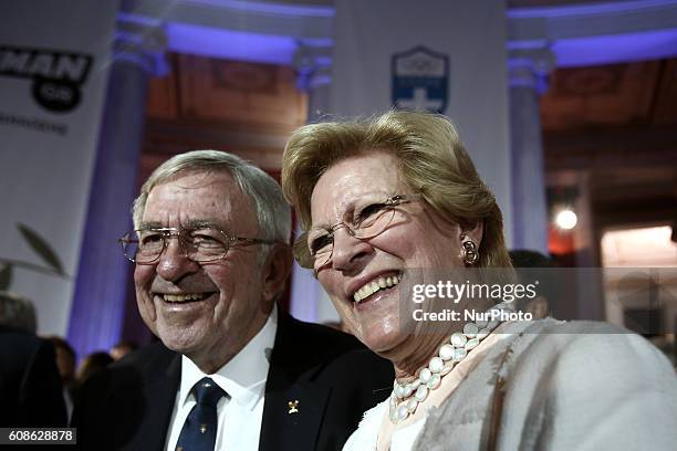 Former King Constantine II of Greece, and wife Queen Anne-Marie of Greece, attend an event in honor of the 93 athletes of the Greek mission to the...