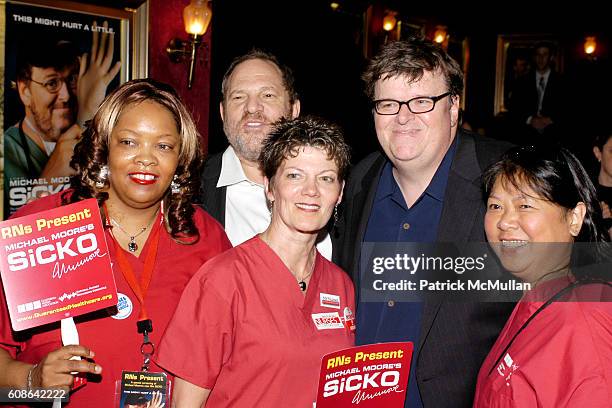 Harvey Weinstein and Michael Moore and members of the New York States Nurses Association attend Bob Weinstein and Harvey Weinstein, The New York...