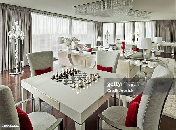 living room in a luxury apartment in london - chess board stock pictures, royalty-free photos & images