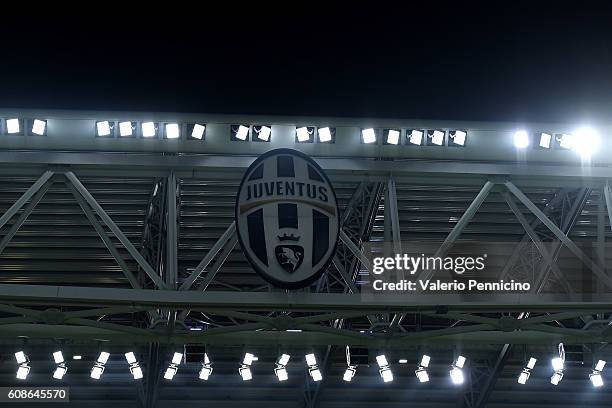 Juventus FC logo at The Juventus Stadium during the UEFA Champions League Group H match between Juventus FC and Sevilla FC at Juventus Stadium on...