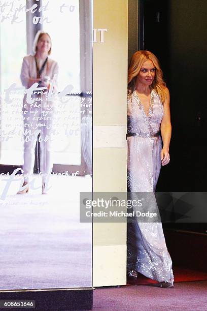 Kylie Minogue arrives during the opening of the Kylie on Stage Exhibition at Melbourne Arts Centre on September 20, 2016 in Melbourne, Australia.