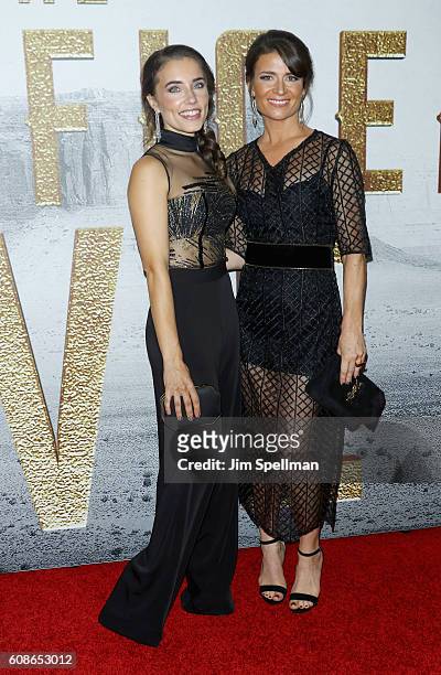 Actresses Alix Angelis and Carrie Lazar attend the "The Magnificent Seven" New York premiere at Museum of Modern Art on September 19, 2016 in New...