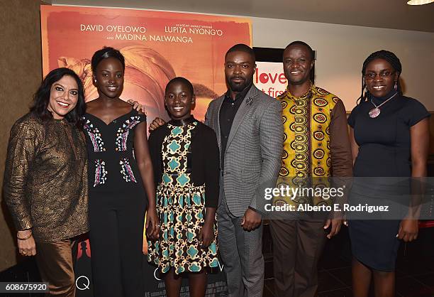 Director Mira Nair, actress Lupita Nyong'o, actress Madina Nalwanga, actor David Oyelowo, Robert Katende and Phiona Mutesi attend a Live Q&A with the...