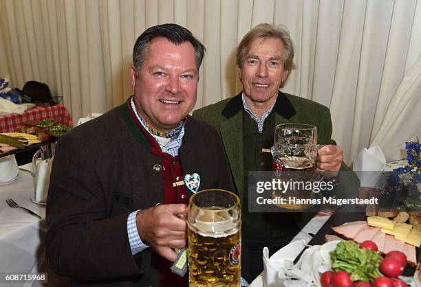 Josef Schmid and Prinz Leopold von Bayern during the BMW Armbrustschiessen as part of the Oktoberfest 2016 at Armbrust-Schuetzenfesthalle on...