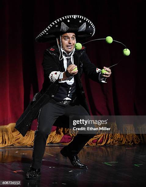 Magician Mateo Amieva performs during Criss Angel's HELP charity event at the Luxor Hotel and Casino benefiting pediatric cancer research and...
