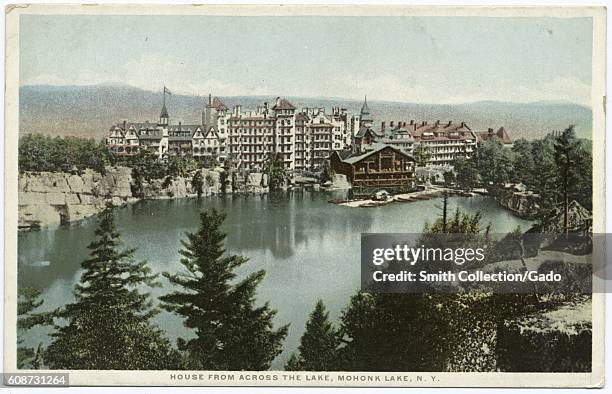 Postcard of Mohonk Mountain House and Mohonk Lake, as seen from across the lake, Mohonk Lake, New York, 1914. From the New York Public Library. .