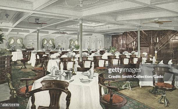 Postcard of the main dining saloon of the RMS Olympic, 1914. From the New York Public Library. .