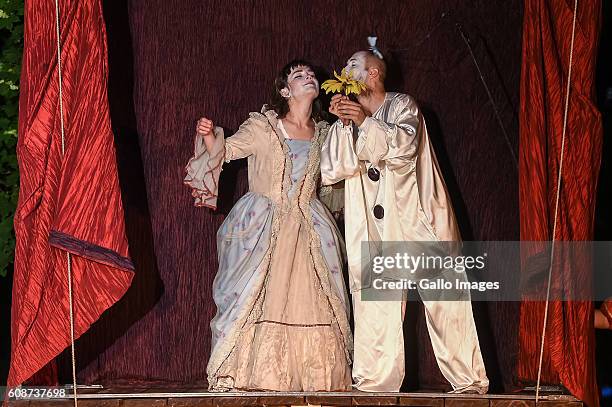 Mimo Pantomime Theatre plays The Comedians performance during the Sztuka Ulicy Festival on September 09, 2016 at Szczesliwicki Park in Warsaw,...