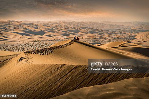 couple on a sand dune watching sunset - tour of abu dhabi stock pictures, royalty-free photos & images