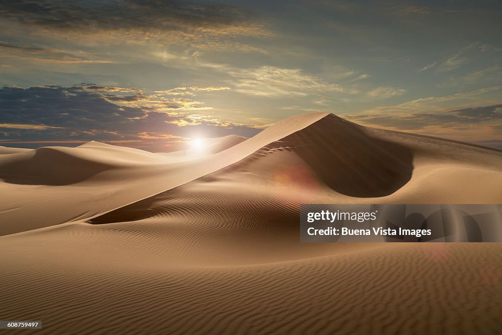 Sand dunes in a desert at sunset