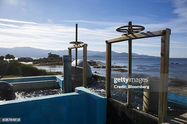 Sluice gates sit at the water collection facility supplying the Galician Marine Aquaculture S.L. Abalone mollusc breeding farm operates on the coast...