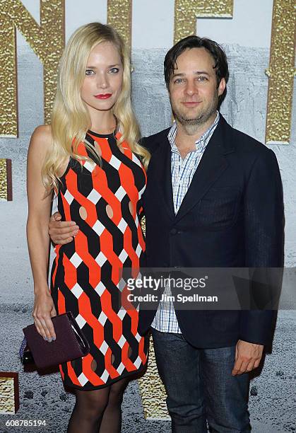 Actor Danny Strong and Caitlin Mehner attend the "The Magnificent Seven" New York premiere at Museum of Modern Art on September 19, 2016 in New York...