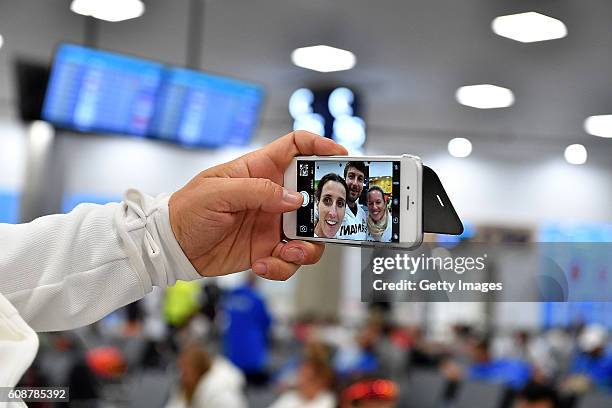 Members of the German paralympic team pose for a photo prior to the departure from the 2016 Rio Paralympic games at the International Airport Rio de...