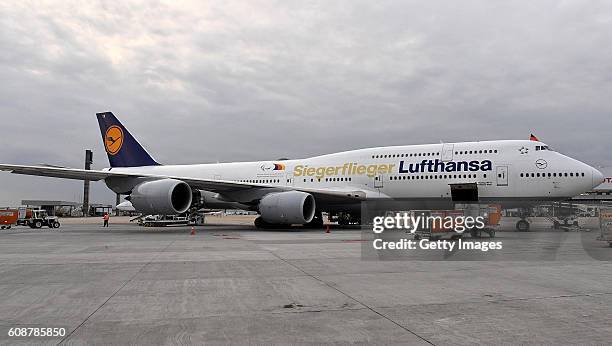 Special designed Boeing 747 waits for the German paralympic team prior to the departure from the 2016 Rio Paralympic games at the International...