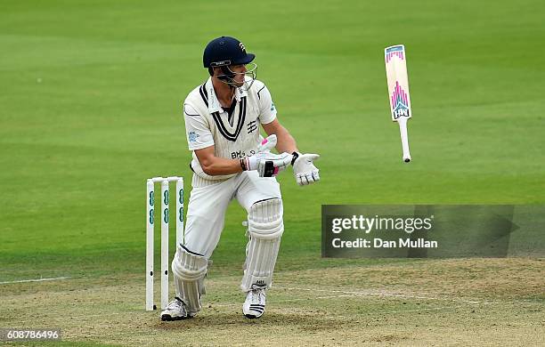 Nick Compton of Middlesex loses control of his bat whilst batting during day one of the Specsavers County Championship Division One match between...