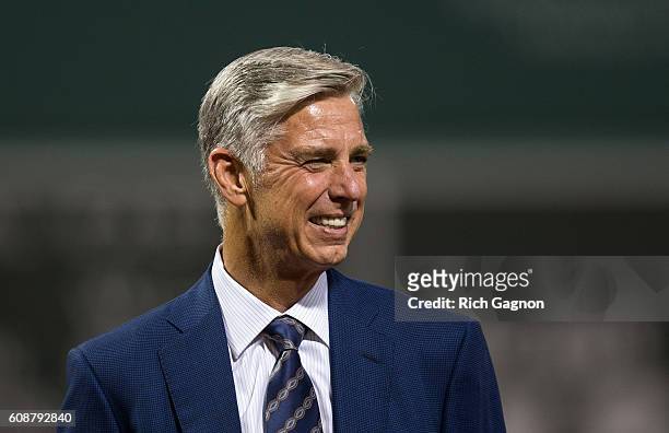 Dave Dombrowski the President of Baseball Operations of the Boston Red Sox stands at home plate before a game against the New York Yankees at Fenway...