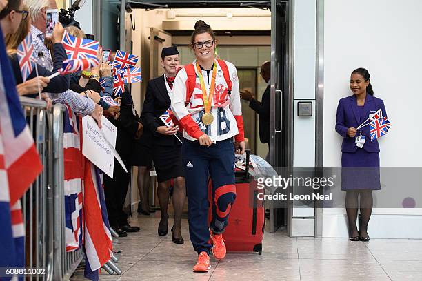 Gold medallist Grace Clough is greeted by supporters after arriving on British Airways flight BA2016 from Rio de Janeiro to London Heathrow Terminal...