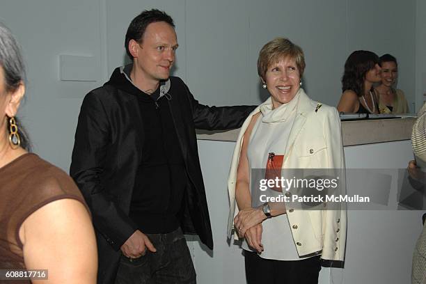 Carsten Nicolai and Milly Glimcher attend PaceWildenstein Opening of Carsten Nicolai "Static Balance" at PaceWildenstein on October 4, 2007 in New...