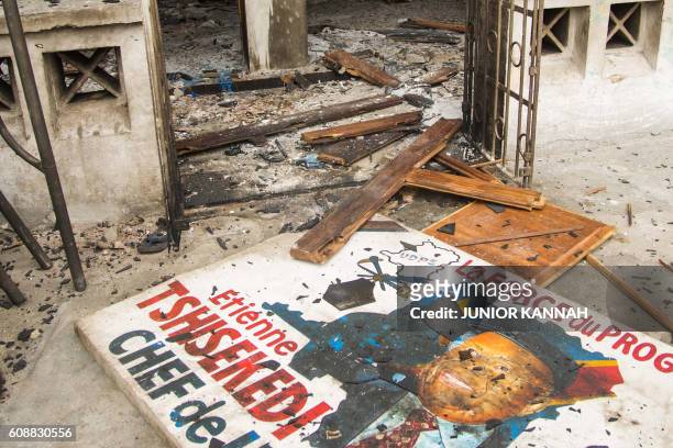 Picture taken on September 20, 2016 in Kinshasa shows the entrance of offices of the main opposition Union for Democracy and Social Progress party...