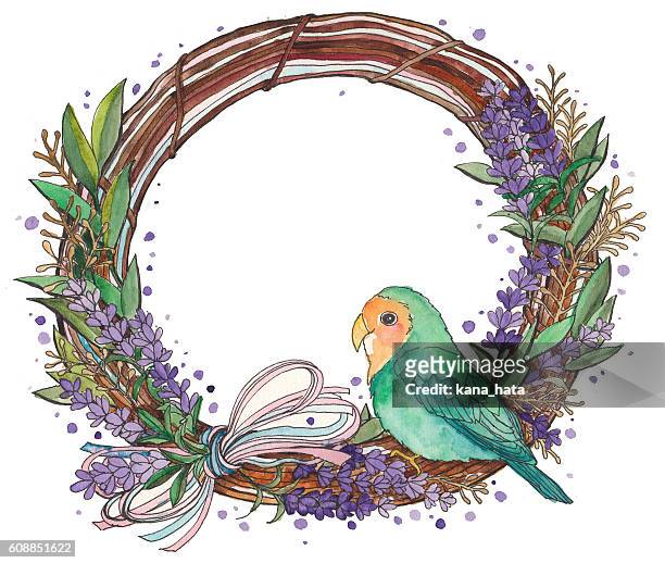 little green bird on the wreath - lavender stock illustrations