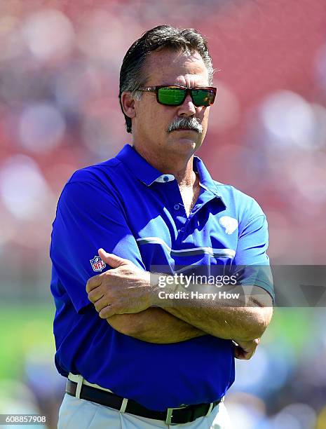 Head coach Jeff Fisher of the Los Angeles Rams attends warm ups before the start of the home opening NFL game against the Seattle Seahawks at Los...