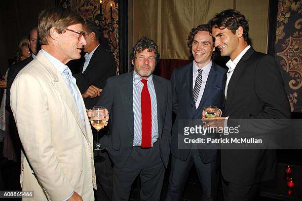Shelby Bryan, Jann Wenner, Jay Fielden and Roger Federer attend Men's Vogue Dinner in Honor of Roger Federer at Wakiya on August 23, 2007 in New York...