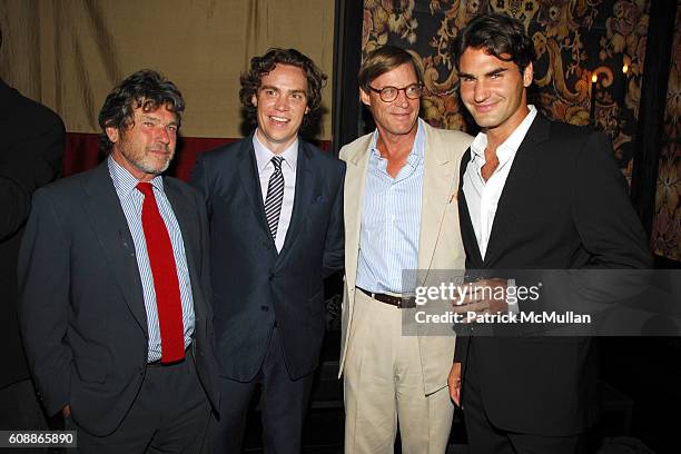 Jann Wenner, Jay Fielden, Shelby Bryan and Roger Federer attend Men's Vogue Dinner in Honor of Roger Federer at Wakiya on August 23, 2007 in New York...