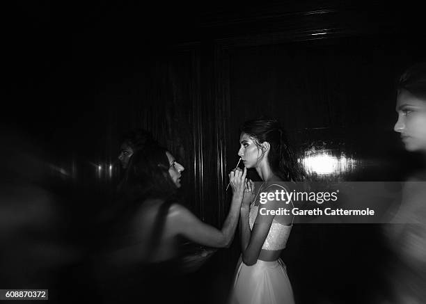 Models backstage before the Barrus show at Fashion Scout during London Fashion Week Spring/Summer collections 2017 on September 16, 2016 in London,...