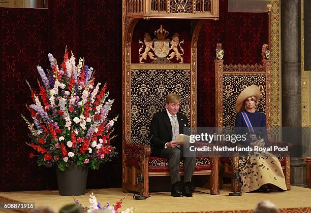 King Willem-Alexander of The Netherlands and Queen Maxima of The Netherlands attend the opening of the parliamentary year on September 20, 2016 in...