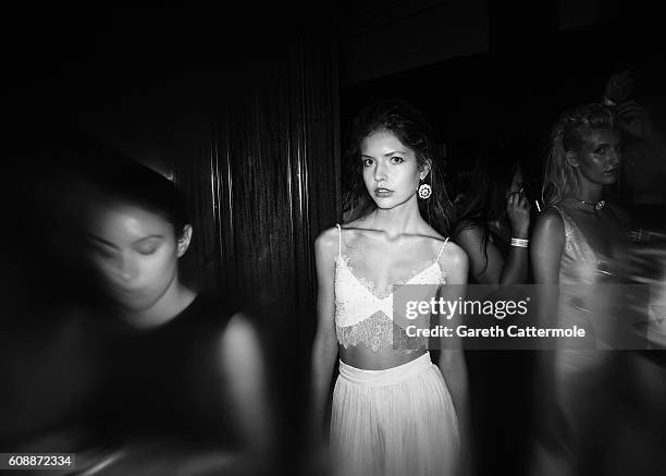 Models backstage before the Barrus show at Fashion Scout during London Fashion Week Spring/Summer collections 2017 on September 16, 2016 in London,...