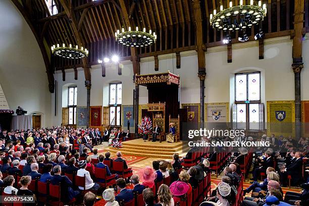 Dutch King Willem-Alexander delivers a speech from the throne next to Queen Maxima sitting in the Ridderzaal during the 'Prinsjesdag' in The Hague on...