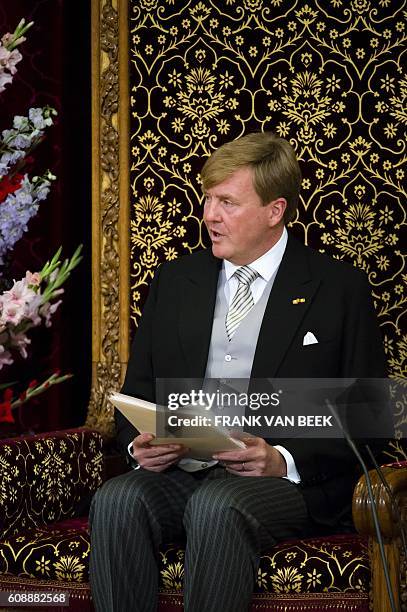 Dutch King Willem-Alexander delivers a speech from the throne in the Ridderzaal during the 'Prinsjesdag' in The Hague on September 20, 2016. Prince's...