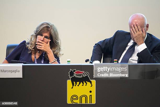 Emma Marcegaglia, chairman of Eni SpA, left, and Claudio Descalzi, chief executive officer of Eni SpA, react during the Future Of Energy Forum in...