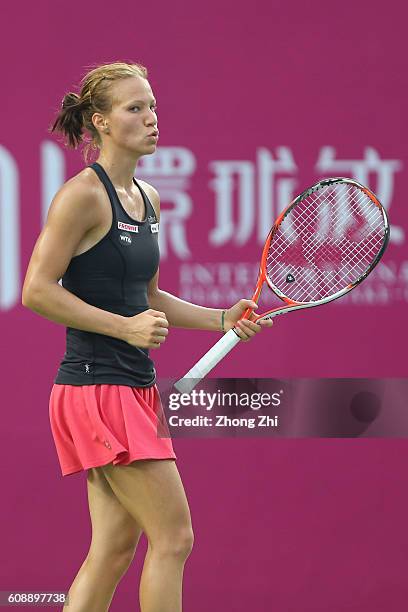 Viktorija Golubic of Switzerland celebrates a point during the match against Denisa Allertova of Czech Republic on Day 2 of WTA Guangzhou Open on...