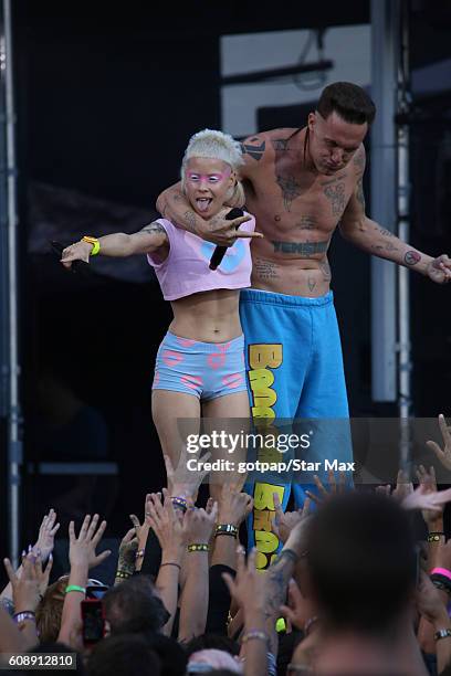 Singer Yolandi Visser and Watkin Tudor Jones of "Die Antwoord" are seen on September 19, 2016 at Jimmy Kimmel Live in Los Angeles, California.